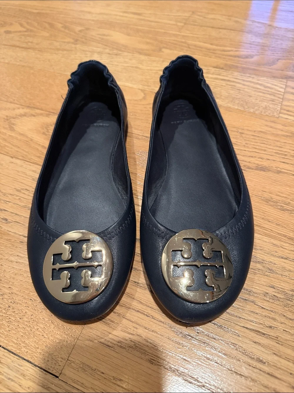 Tory Burch Navy Leather Logo Toe Ballet Flats with Gold Emblem